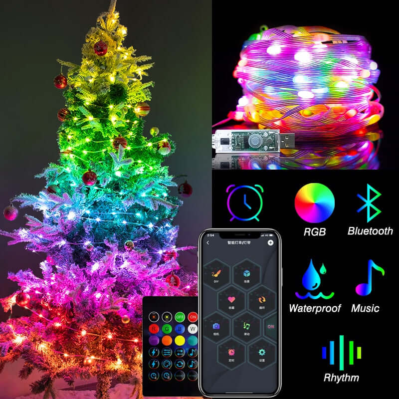 christmas tree rgb led lights with smart bluetooth control beads / usb string outdoor lamp + app remote control christmas garland for home fairy light decoration