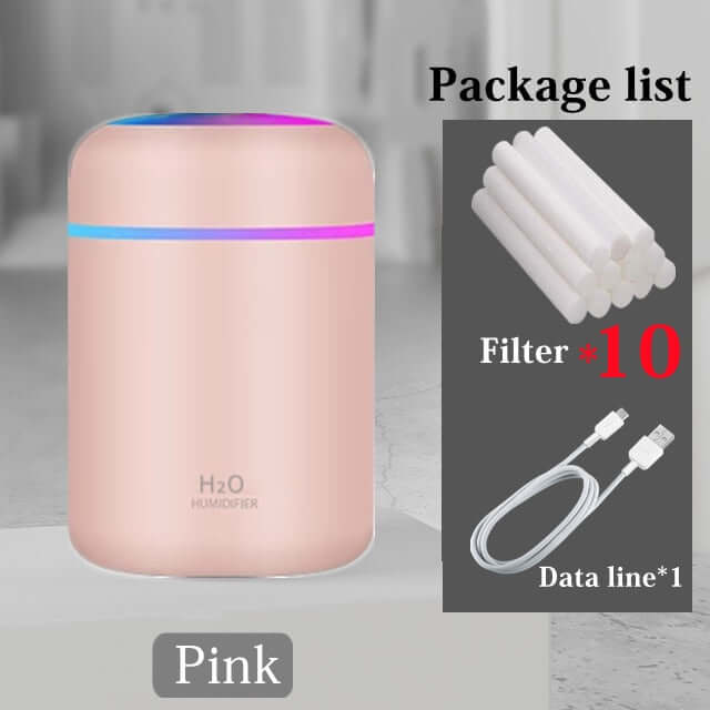 mini portable 300ml electric air humidifier / essential oils aroma diffuser usb cool mist sprayer with colorful night light for home car ultrasonic aromatherapy pink 10 filters
