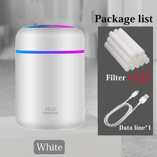 mini portable 300ml electric air humidifier / essential oils aroma diffuser usb cool mist sprayer with colorful night light for home car ultrasonic aromatherapy white 10 filters