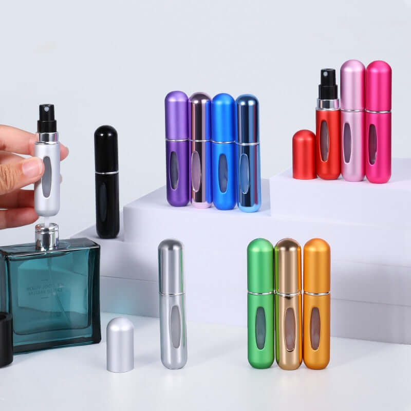 portable mini refillable perfume atomizer bottle，5ml liquid aluminum container for cosmetics / empty alcohol scent sprayer bottles / dispenser pump mist spray case for traveling