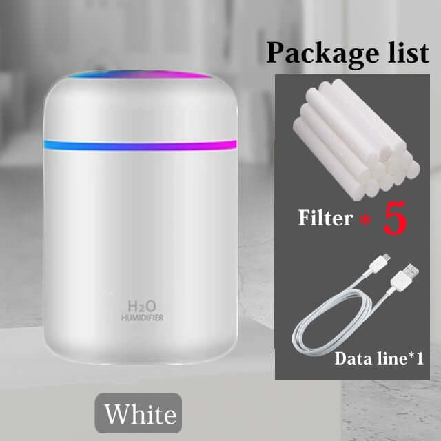 mini portable 300ml electric air humidifier / essential oils aroma diffuser usb cool mist sprayer with colorful night light for home car ultrasonic aromatherapy white 5 filters
