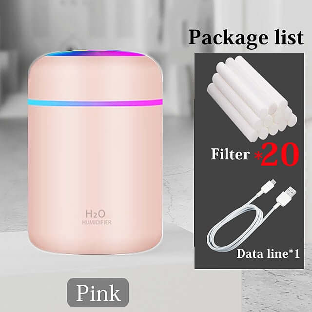 mini portable 300ml electric air humidifier / essential oils aroma diffuser usb cool mist sprayer with colorful night light for home car ultrasonic aromatherapy pink 20 filters