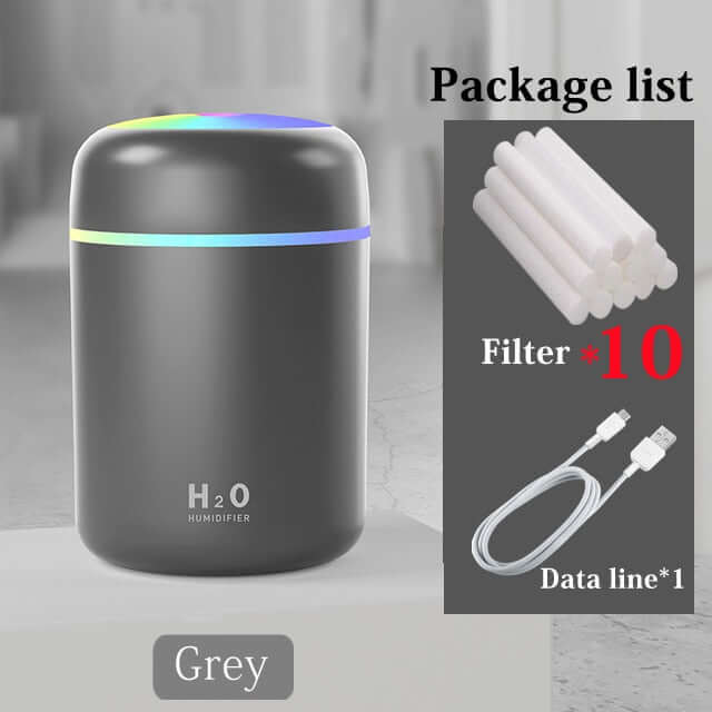 mini portable 300ml electric air humidifier / essential oils aroma diffuser usb cool mist sprayer with colorful night light for home car ultrasonic aromatherapy gray 10 filters